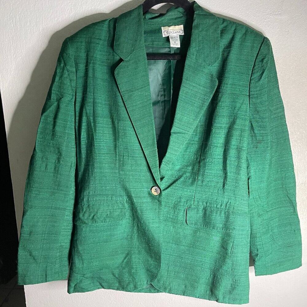 SilkLand 100% Silk Green Blazer Jacket Womens M Lightweight One Button